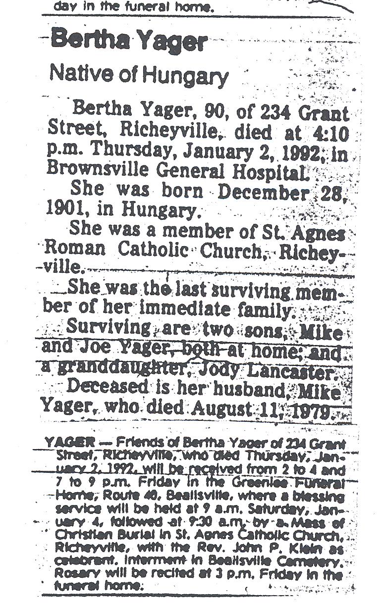 Bertha Yager obit